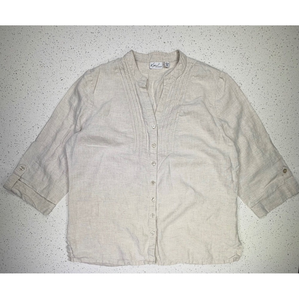 Kim Rogers Womens XL Linen Button Down Shirt Beige Pleated Bib 3/4 Sleeve Top